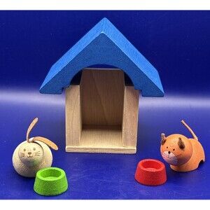 Plan Toys Wooden Dollhouse Pet Accessories Set w/Cat,  Rabbit, Bowls & Kennel